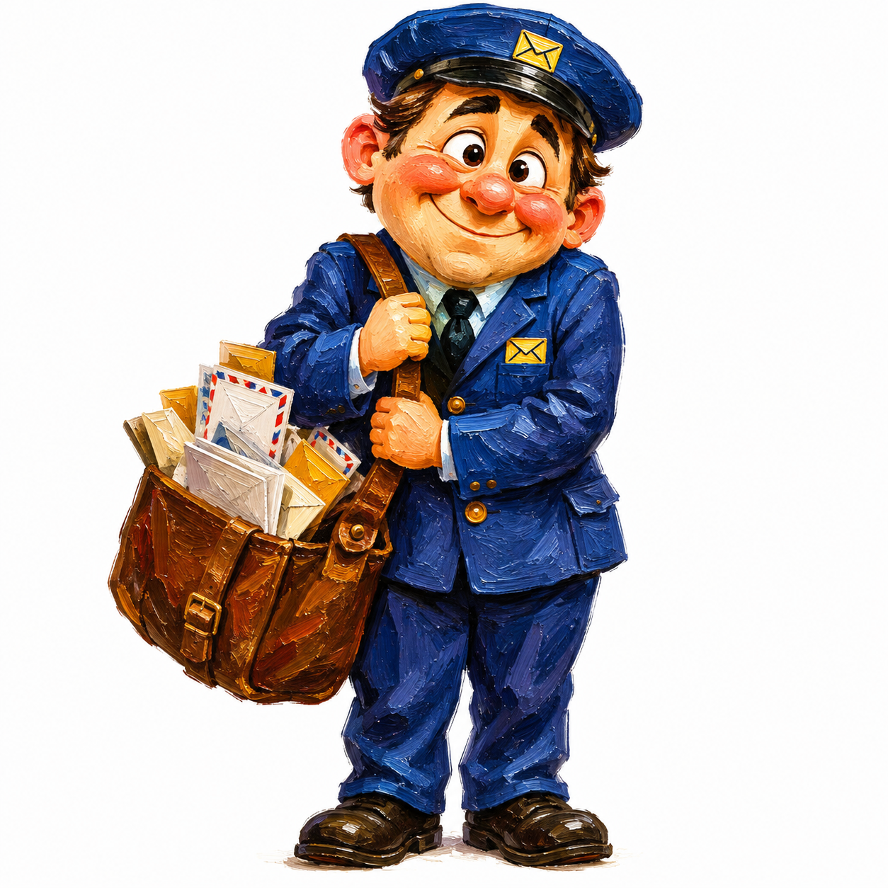Cute caricature high-quality, joyful, shy postman, he stands with both feet on the ground, he carries a mailbag with mail,..Rendering in Native 4K, 50 pixels oil painting, white background
