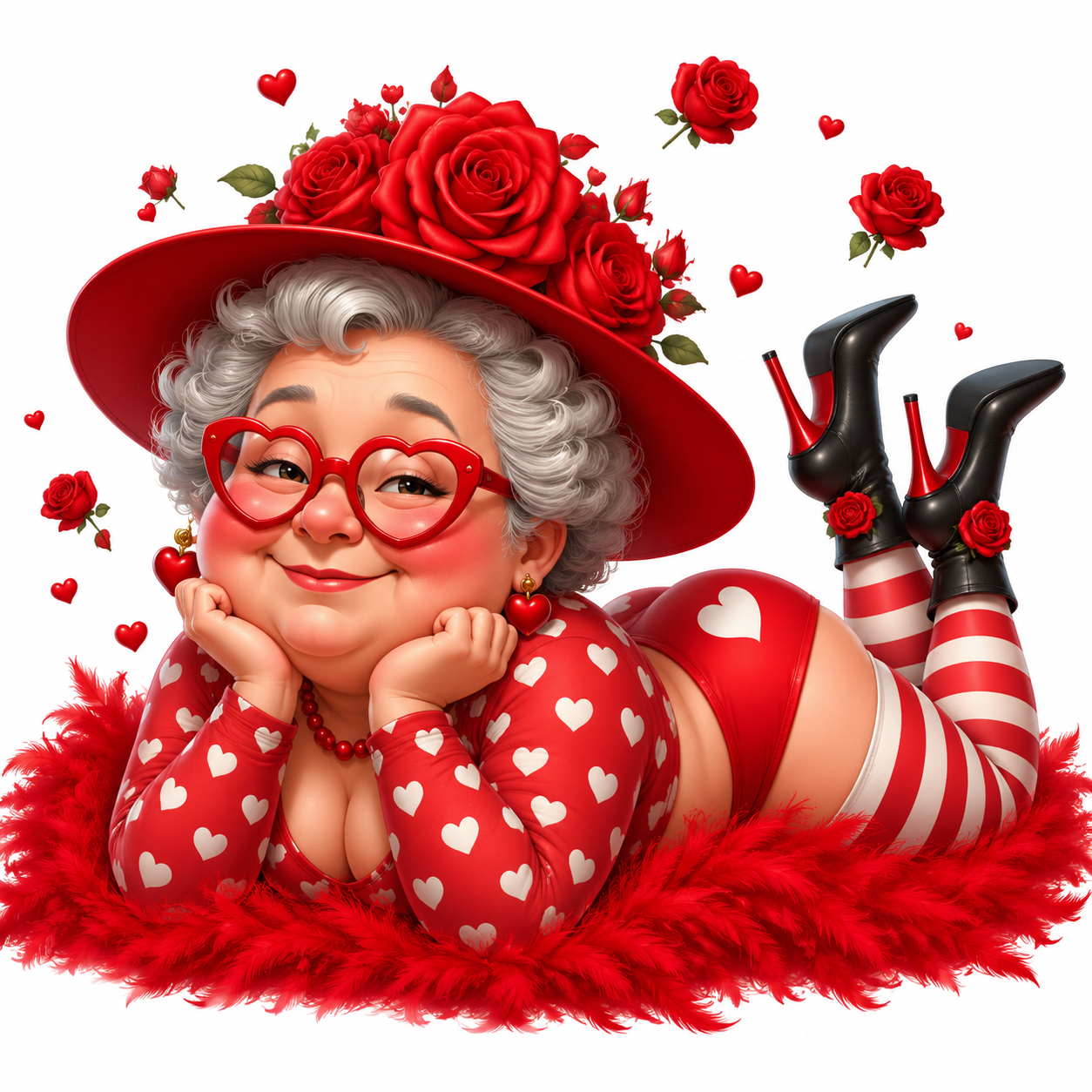 Cute caricature high-quality chubby, angelic figure with fluffy gray hair and rosy cheeks, lying on his stomach against a pure white background. The figure wears red heart-shaped glasses, a red wide-brimmed hat decorated with large red roses, dangling heart earrings, and a red pearl necklace. They wear a red long-sleeved top with a white heart pattern, matching red bottoms with a white heart, red and white striped stockings and black high-heeled boots accented with a small red rose. Feather-red boas surround the base of the motif and several small floating red hearts and roses float around the hat..Rendering in Native 4K, 50 pixels oil painting, white background