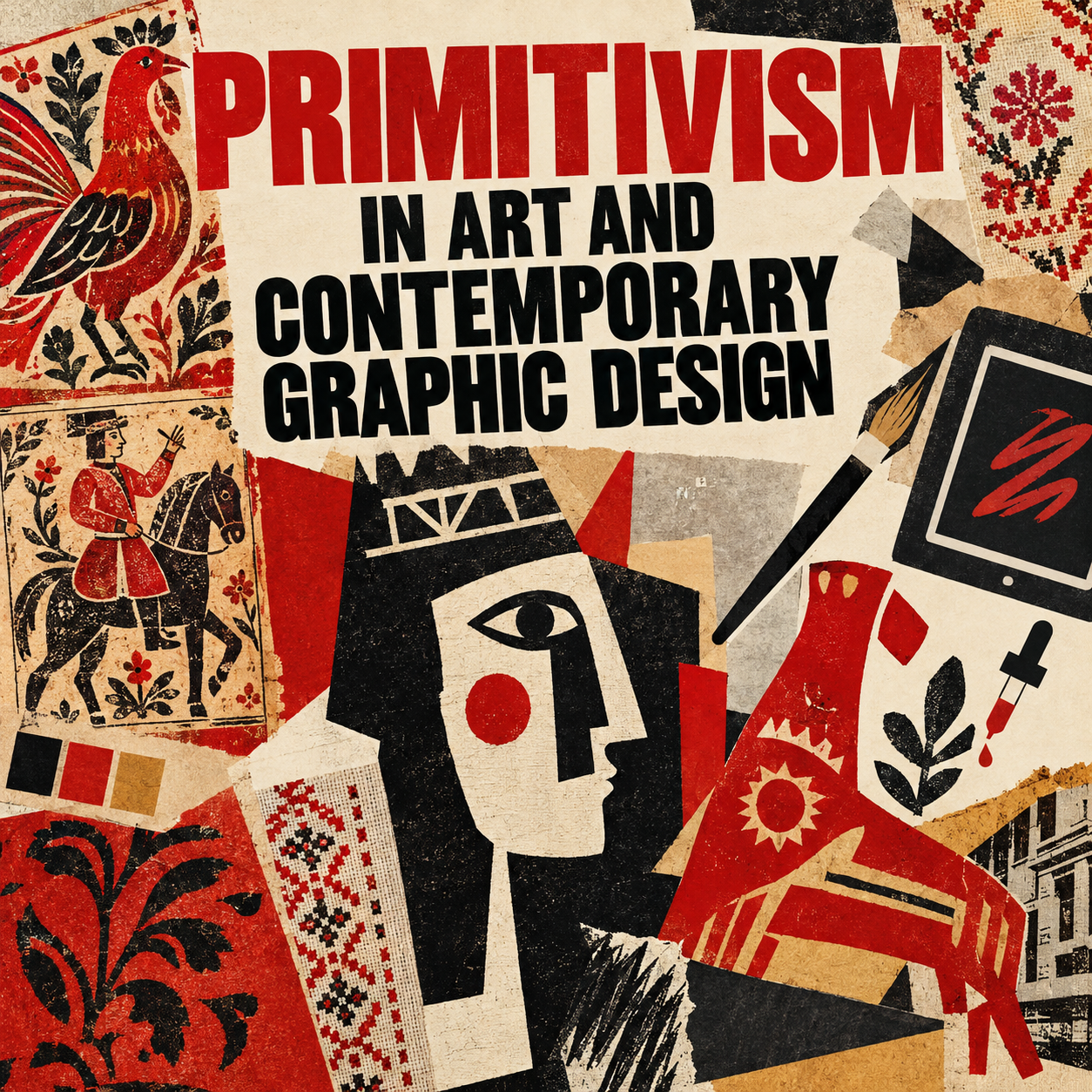 Draw a title slide “Primitivism in Art and Contemporary Graphic Design” as a collage: a combination of fragments of folk ornament (lubok, embroidery, painting), simplified silhouettes, typography, and modern elements (icons of a tablet, a brush, an eyedropper). The composition is asymmetrical and dynamic, as if assembled by hand. The palette is contrasting, with accents of deep red, black, and earthy tones. The text is large and bold, in a sans‑serif font; the title occupies the upper third of the slide, the subtitle is slightly lower, centered. The overall style is energetic and eclectic, referencing avant‑garde and folk art.