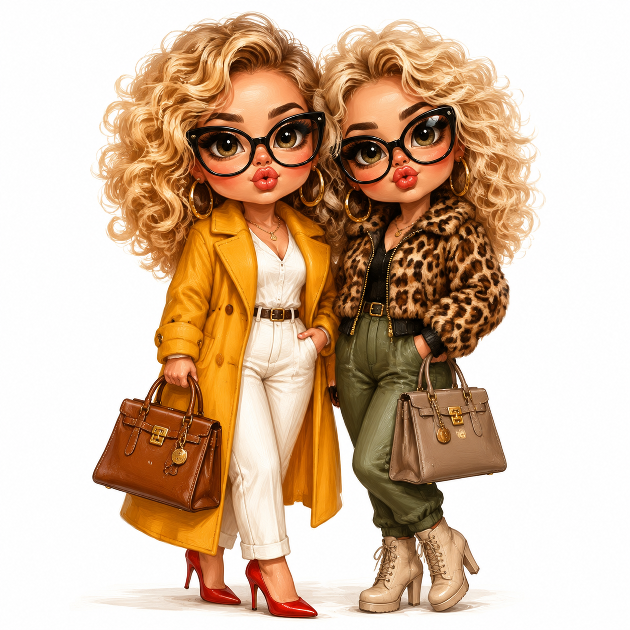 An explorer standing on a cliff, watching aurora ribbons illuminate the sky aboveCute caricature high-quality, two stylish, blonde women with curly hair, big eyes, large glasses with black frames and pursed lips, posing close together while holding handbags. The woman on the left is wearing a yellow coat, white trousers and red heels, and a brown handbag. The woman on the right is wearing a leopard-print jacket, green trousers and beige boots, and is holding a light brown handbag.Rendering in Native 4K, 50 pixels oil painting, white background GPTImage.app's creative studio.
