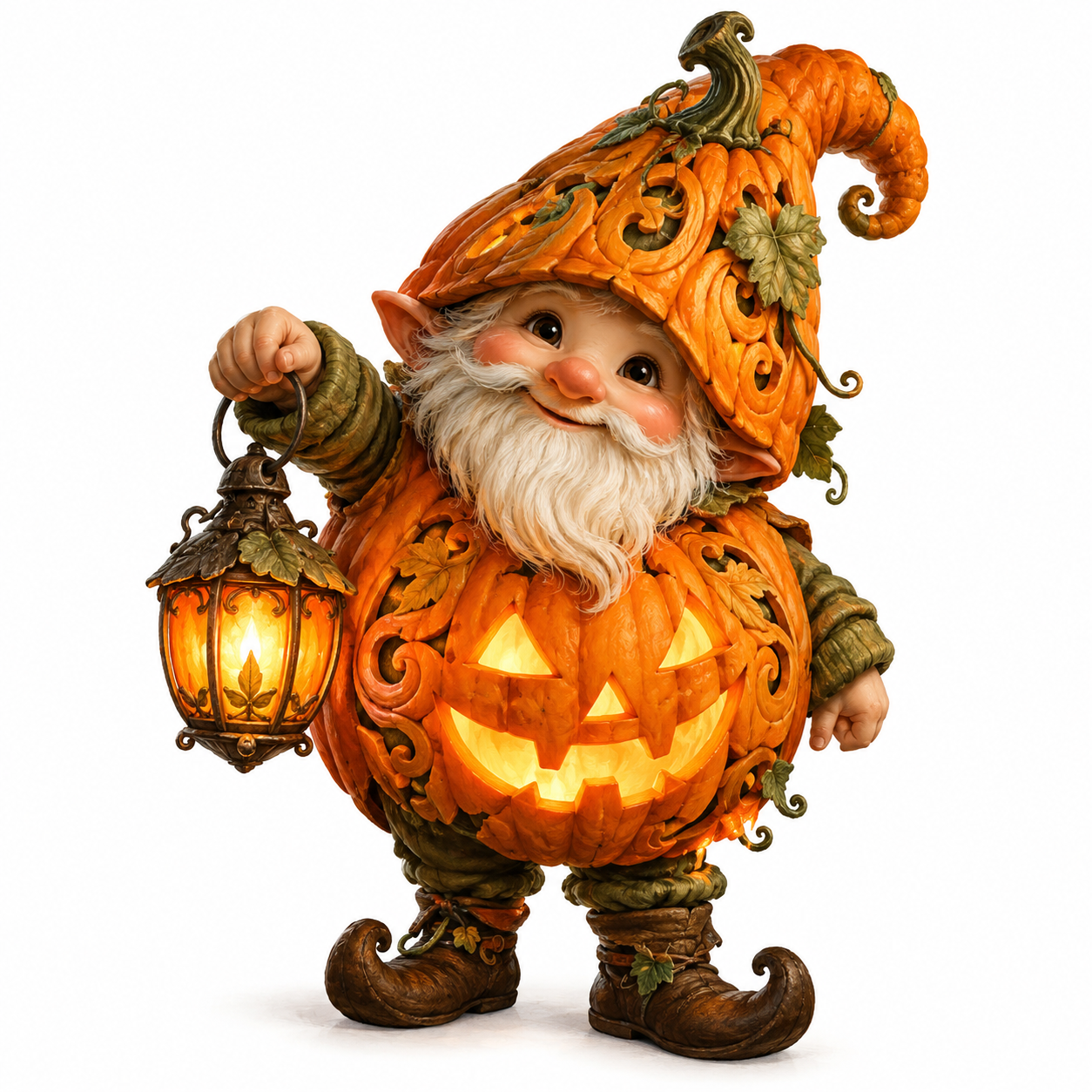 Cute caricature, high-quality A small, cute gnome wears an elaborately carved pumpkin costume, a glowing lantern in his hand  Rendering in Native 4K, ultra-detailed oil painting, white background.