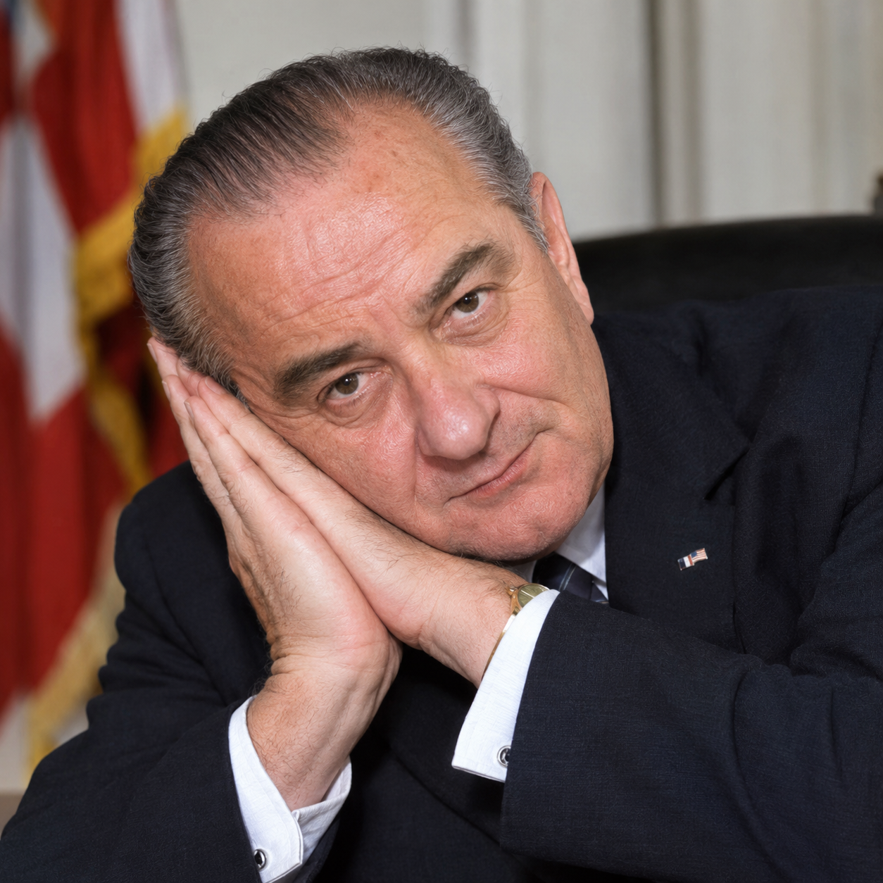 Lyndon Johnson do sleep motion by using hands as pillow with eyes open while looking at the viewer  straight ahead