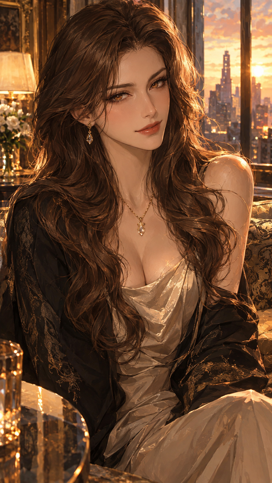 masterpiece, best quality, highres, absurdres, 1girl, 29 years old, slim body, long wavy hair, chestnut hair, amber eyes, high nose bridge, detailed eyes, long eyelashes, defined facial features, sharp jawline, cold beauty, professional demeanor, ambiguous smile, slight smirk, upper body, cowboy shot, elegant dress, silk fabric, layered outfit, delicate jewelry, necklace, earrings, indoor lighting, soft lighting, warm palette, depth of field, bokeh, anime style, semi-realistic, thick paint style, Japanese illustration, detailed shading, smooth skin, glossy hair, romantic atmosphere, luxurious, ornate background, golden hour glow, detailed face, perfect anatomy ,half-closed eyes,rim lighting,mpasto technique,现代都市