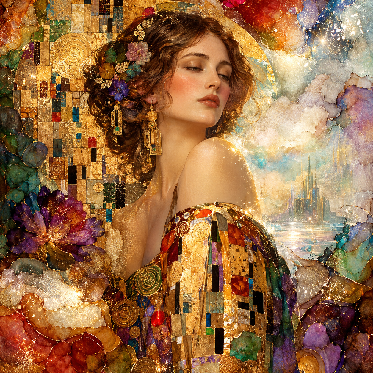 Muted Beauty, Muted Colors, Textured background, Earthy Glow, hyperrealistic sparkling, shimmering, glimmering ethereal, dreamy, glowing. Dreamy Cloudy Ethereal. Klimt Image, elegance and grace, with art deco, Surreal, Fantasy, stylized mixed media collage, watercolor, alcohol inks, metallics, large (mosiac:2.5) tiles, beautiful nostalgic. Glittery, shiny, 3D texture, sparkle, whimsical, use image palette, Red Green Purple Amber Blue and Silver ink splash. Image, watercolor ethereal light alcohol ink glitter.