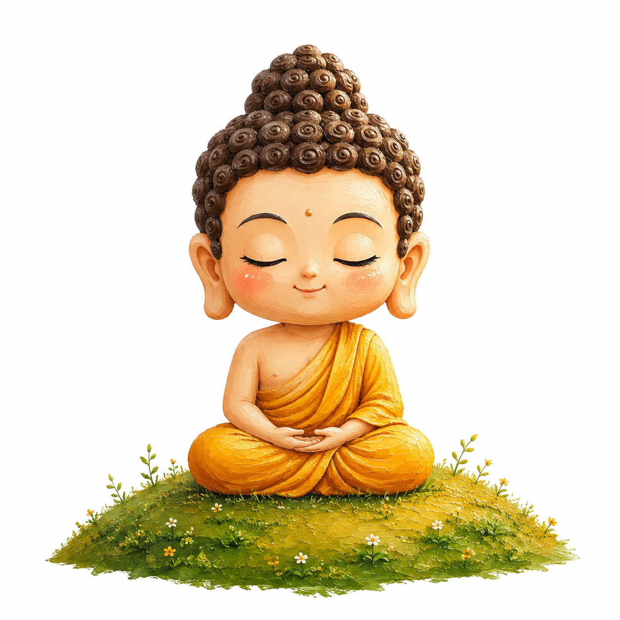 Cute caricature high-quality A cartoon-style Buddha-like figure peacefully meditating on a grassy hill.Rendering in Native 4K, 50 pixels oil painting, white background