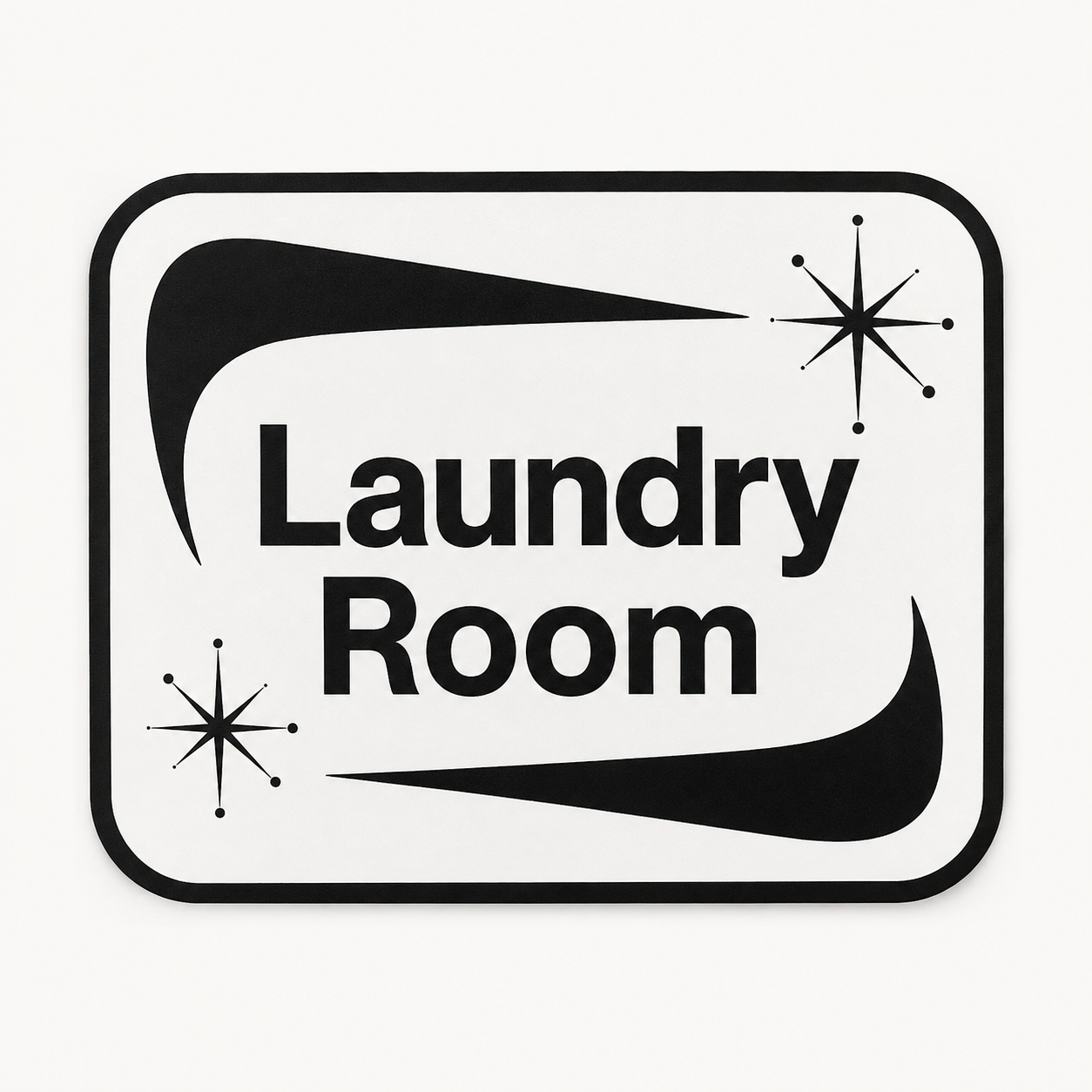 I want a mid-century modern sign for my very small laundry room.  The image should be 5”x7”.  I’d like the image in black and white.  The sign should say “Laundry Room.”  I’d like the typeface to be Aptos bold