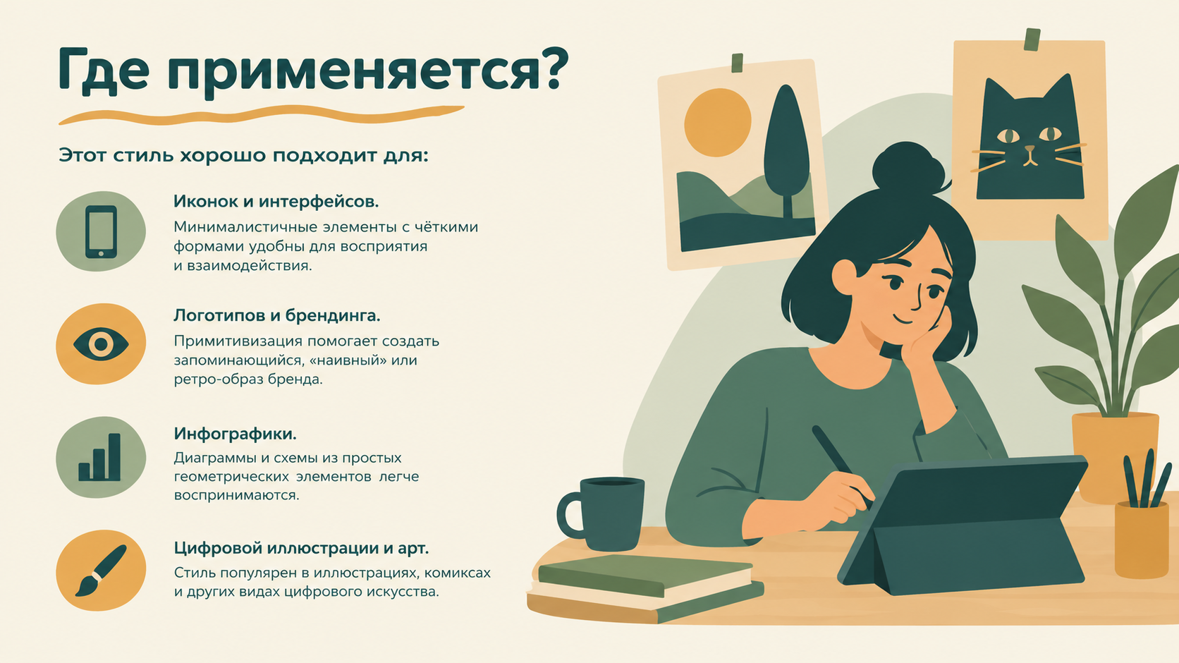 Создай слайд для презентации в данном стиле о примитивизме. Добавь следующий текст:
Где применяется?

Этот стиль хорошо подходит для:

Иконок и интерфейсов. Минималистичные элементы с чёткими формами удобны для восприятия и взаимодействия.

Логотипов и брендинга. Примитивизация помогает создать запоминающийся, «наивный» или ретро-образ бренда.

Инфографики. Диаграммы и схемы из простых 
геометрических элементов легче воспринимаются.

Цифровой иллюстрации и арт. Стиль популярен в иллюстрациях, комиксах и других видах цифрового искусства.