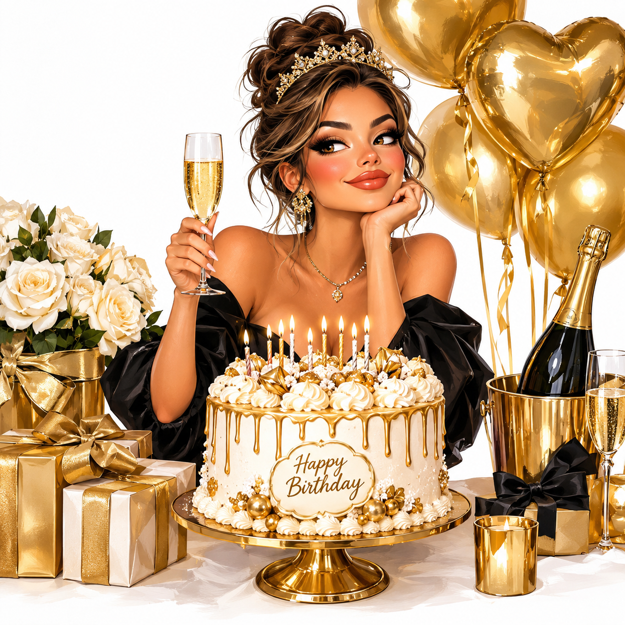 Cute caricature, high-quality A stylish diva celebrates her birthday Champagne, gold decoration, elegant gifts and a large cake, luxurious atmosphere  Rendering in Native 4K, ultra-detailed oil painting, white background.