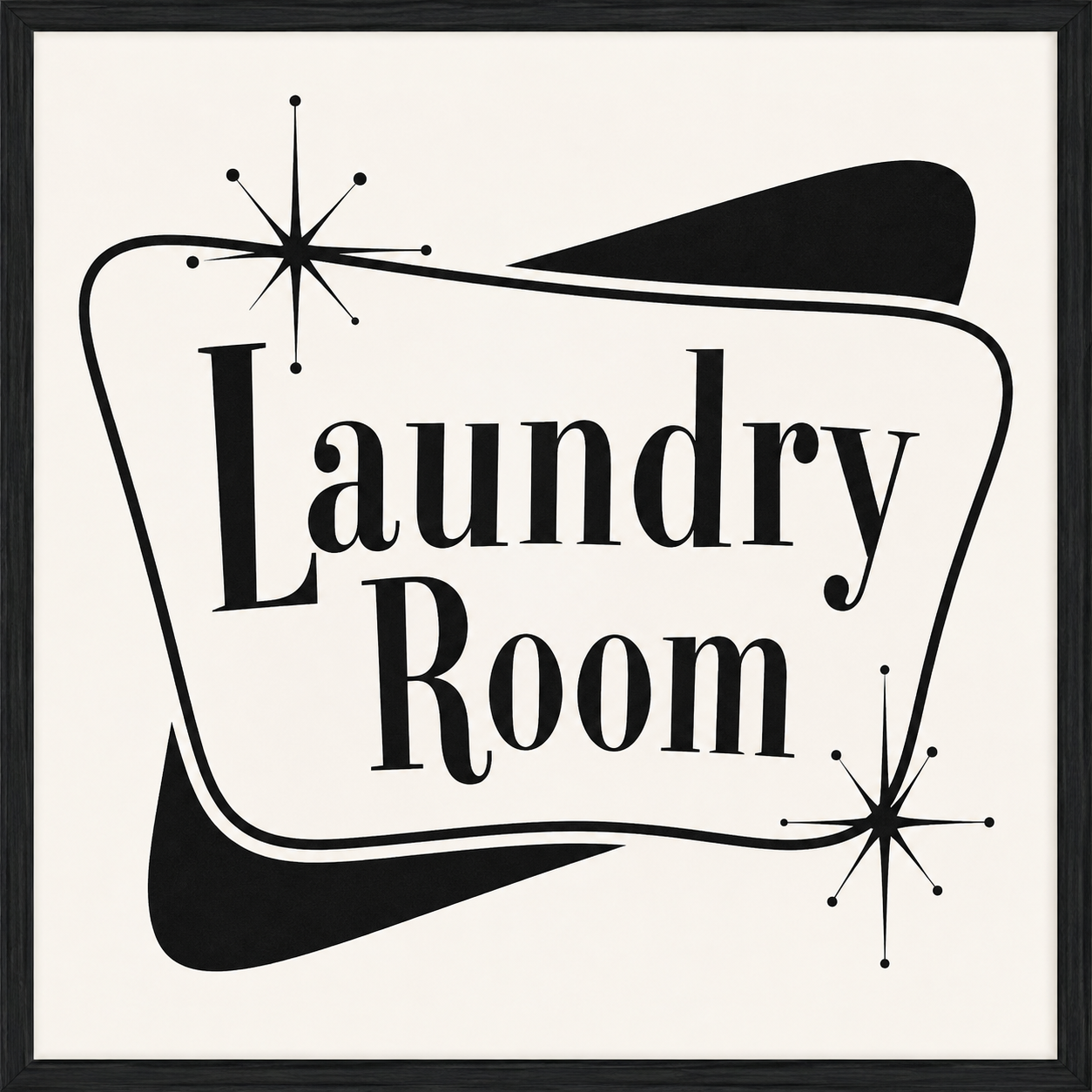 I want a mid-century modern sign for my very small laundry room.  The image should be 8”x10”.  I’d like the image in black and white.  The sign should say “Laundry Room.”