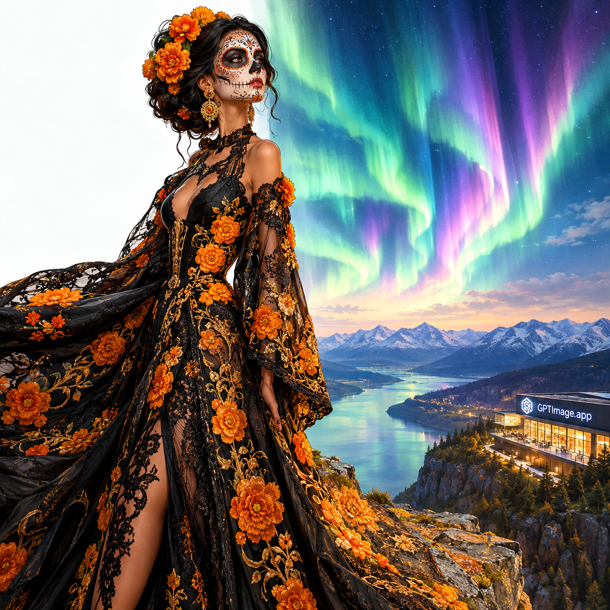 An exploCute caricature high-quality, A stunning, confident diva poses with flawless, elegant „Sugar Skull“ makeup (Calavera). She wears an avant-garde haute couture robe made of black lace, artfully embroidered with bright orange cempasúchil flowers (marigolds) and gold threads.  .  Rendering in Native 1K, ultra-detailed, oil painting, white background.rer standing on a cliff, watching aurora ribbons illuminate the sky above GPTImage.app's creative studio.