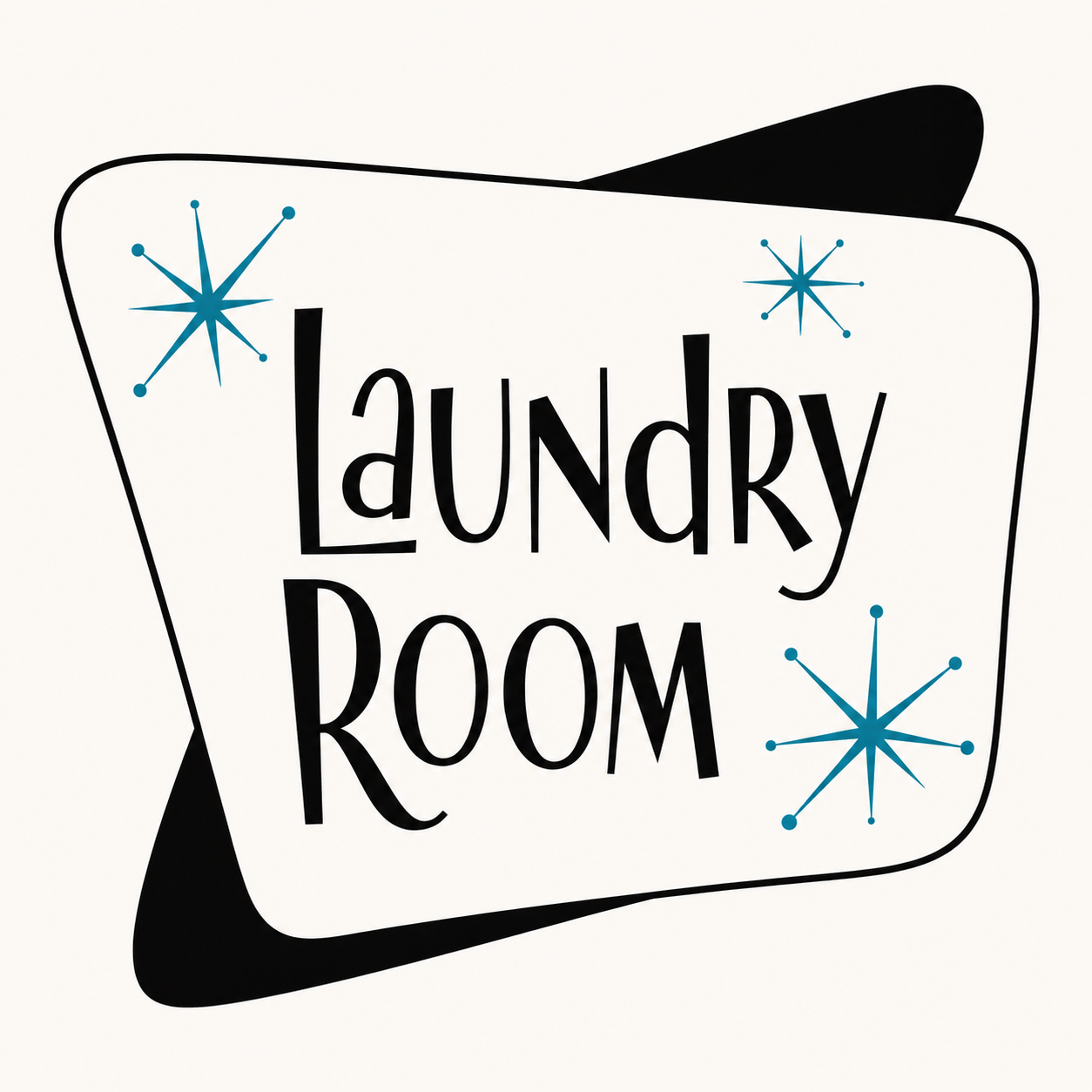 I want a mid-century modern sign for my very small laundry room.  The image should be 5”x7”.  I’d like the image in black and white.  The sign should say “Laundry Room.”  I’d like the starbursts to be peacock blue, and use a more mid-century modern font.