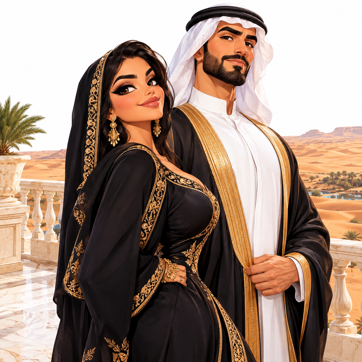 Cute caricature high-quality, proud Arab diva and a sheikh stand on a marble terrace overlooking the desert.Rendering in Native 4K, 50 pixels, oil painting, white background.