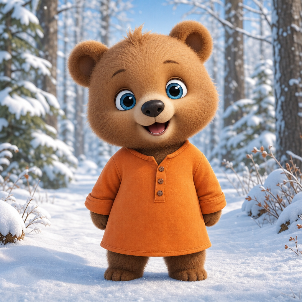 cute baby bear smiling in a winter forest blue big eyes wears a long shirt orange